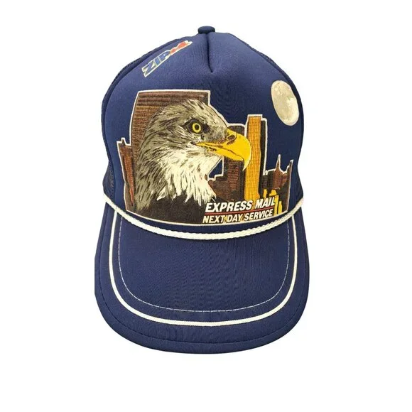 Vintage USPS Trucker Hat Express Mail Eagle Blue Mesh Snapback Rope Twin Towers - Picture 3 of 13